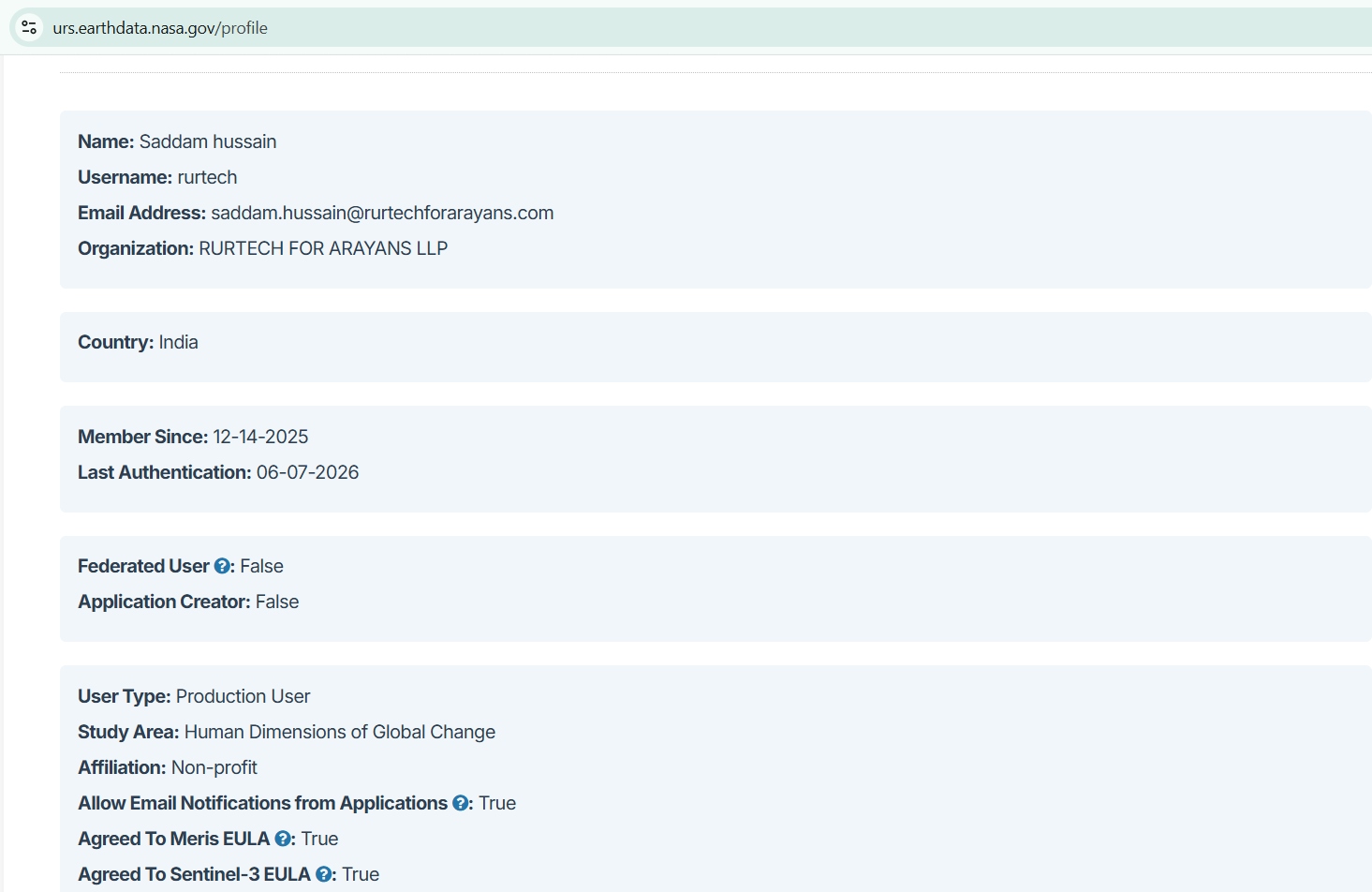 NASA Earthdata Production User Account — RURTECH FOR ARAYANS LLP